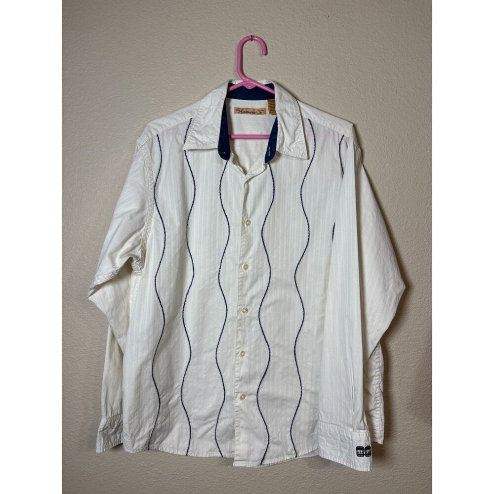 The Havanera Co White Long Sleeve Button Front Shirt Wavy Black Embroidery Large